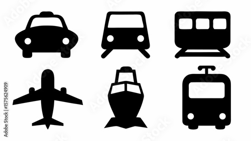 Collection of transportation icons including a taxi train airplane boat and trolley in black silhouette