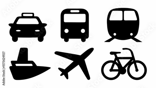 Illustration of various modes of transportation including a taxi, bus, train, boat, plane, and bicycle