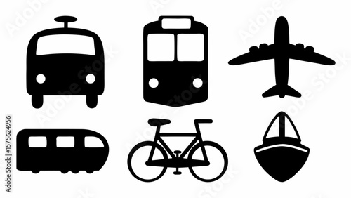 Illustration of various modes of transport including bus train airplane subway bicycle and boat icons