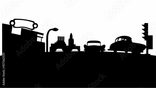Silhouette of a cityscape with buildings cars streetlights and a traffic light against a white background