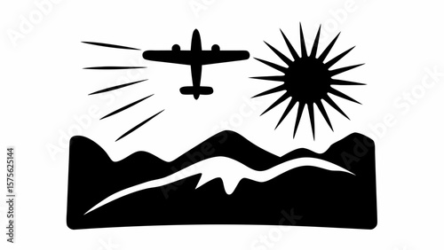 Silhouette of airplane flying over mountains with sun shining and vapor trails in black and white style