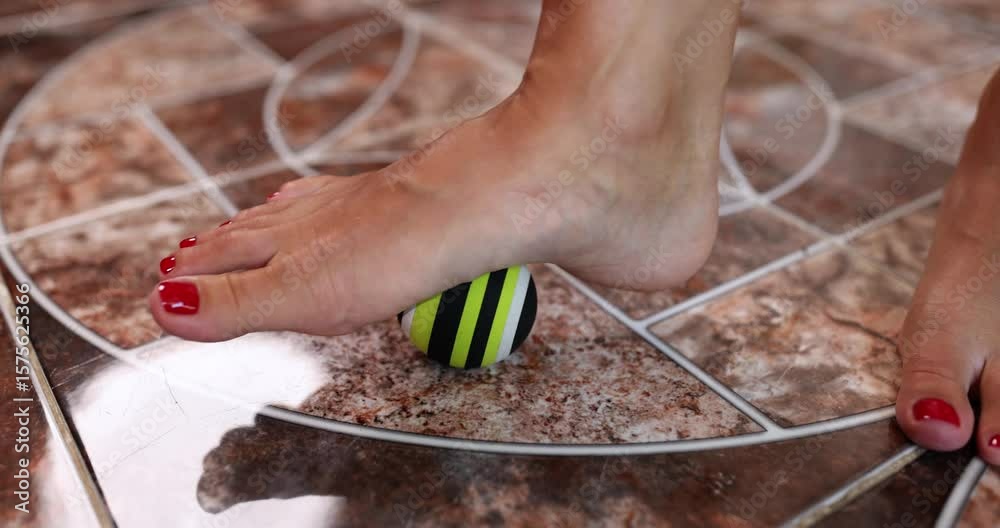 Female bare foot with red toenails rests on striped yellow and black ball on tiled floor. Therapeutic exercise for relaxation and rehabilitation