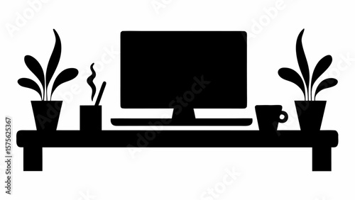 Silhouette of a desk with a computer monitor plants mug and pen holder in a minimalist design style