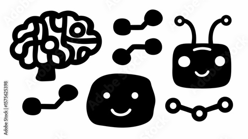 Stylized brain icon with network connections and a cartoon robot face in black and white design style