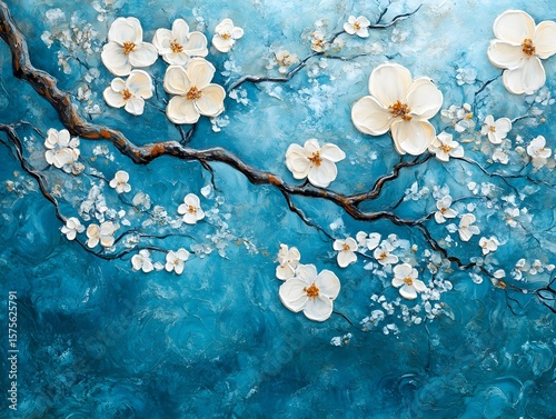 Stunning White Blossom Branch on Teal Canvas, Impasto Painting