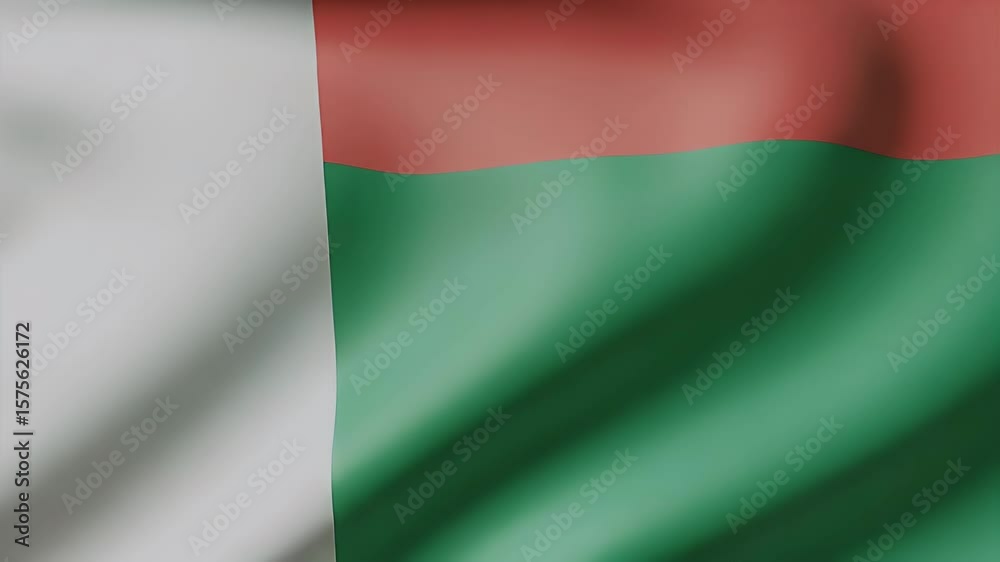 4K  animation of the Madagascar flag waving, suitable for national events, presentations, and cultural displays. Can be used for backgrounds and educational content.