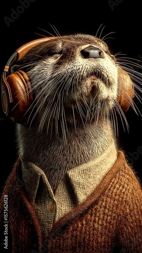 Otter wearing headphones and a sweater showing enjoyment in a cozy indoor setting