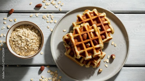 Delicious waffles stacked on plate, side of oats and almonds rustic table