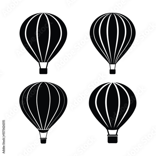 Hot air balloon Silhouette Vector Set Black Icon Collection Isolated on White Background