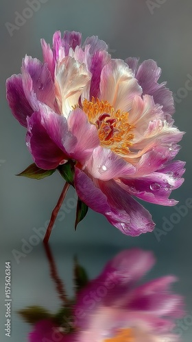Elegant peony flower with water droplets reflecting in calm water during early morning light
