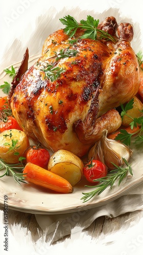 Roasted chicken with vegetables on a serving plate garnished with herbs for a delicious meal