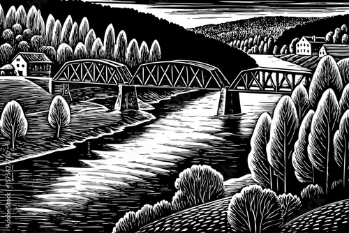 Mississippi River flowing through rural towns, bridges, lush banks, southern trees illustrated in black and white line art illustration ideal for Americana, editorial, history and environmental