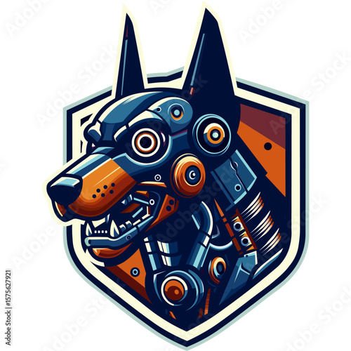 robot dog with mechanical eye flat color block vector illustration with perfect color separation