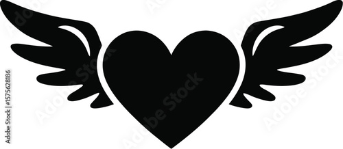 Black silhouette of a heart with outstretched wings on a white background