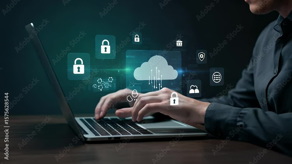 Person using a laptop with digital security icons and a cloud graphic overlay