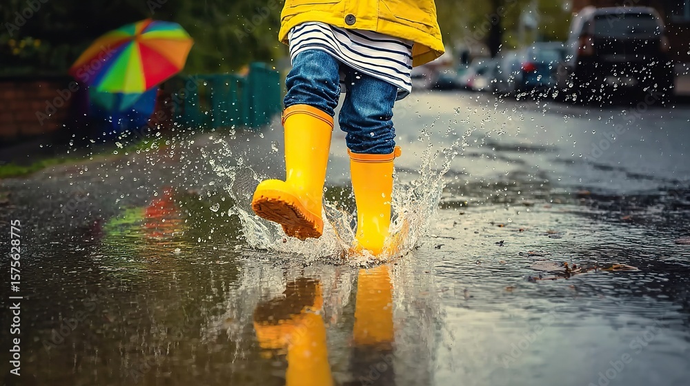 Fototapeta premium Joyful child in yellow rain boots splashing in a puddle on city street, capturing carefree childhood, playful energy, and the happiness of rainy days