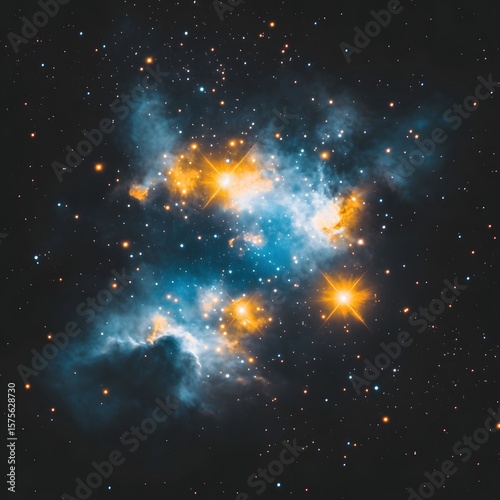 Cosmic Nebulae, Stunning Blue and Gold Celestial Scene