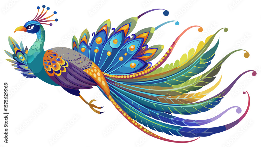 Obraz premium Peacock – A radiant Peacock glides with elegance, shimmering tail feathers trailing like jeweled ribbons in sunlight, creating a vivid, breathtaking moment captured mid-flight from a stunning near per