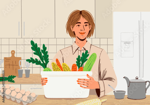 Illustration of a person in a kitchen holding a basket of fresh vegetables, emphasizing healthy eating and lifestyle.