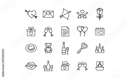 Valentines Day Line Icons: Romance Love and Celebration Symbols.