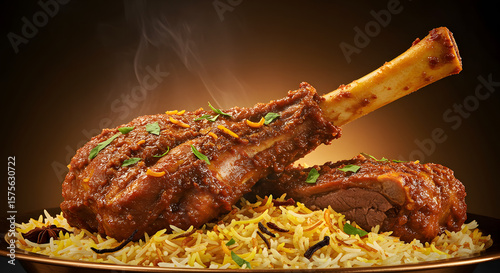Slow-Cooked Lamb Shank Biryani with Saffron Rice and Aromatic Spice Garnish – Traditional Middle Eastern Feast