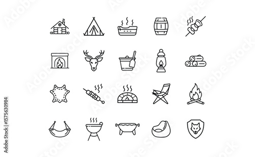 Collection of Camping and Outdoor Recreation Line Icons.