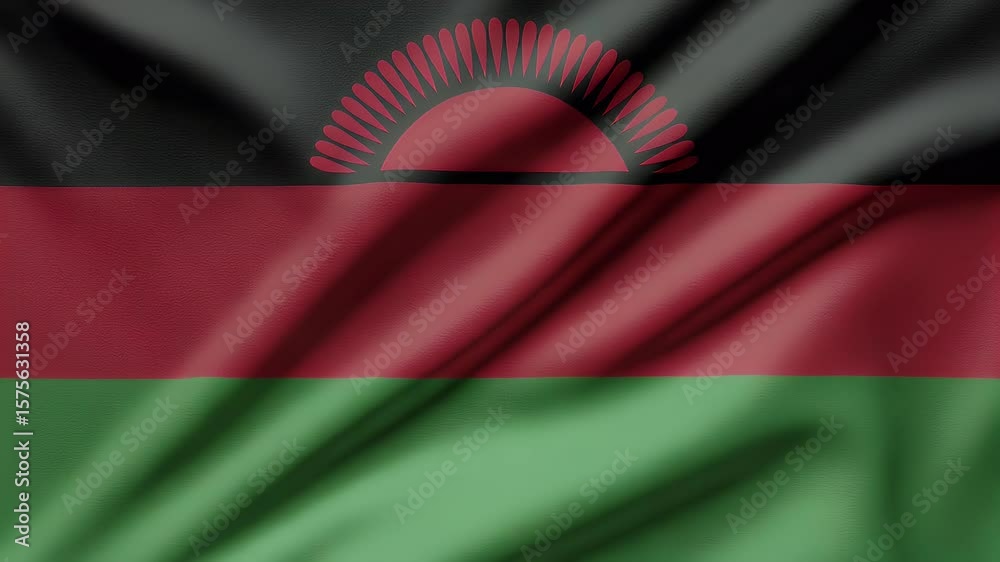 4K animation of the Malawi flag waving, suitable for national events, presentations, and cultural displays. Can be used for backgrounds and educational content.