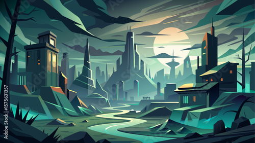 Abstract portrayal of a bleak and haunting cityscape shrouded in shadows and silence. Moody atmosphere. Vector illustration