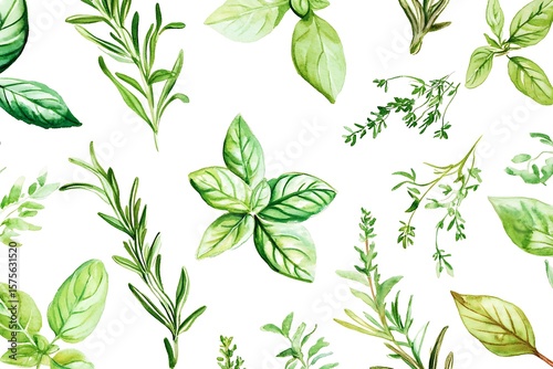 Watercolor painting of fresh green basil and rosemary herbs on a white background