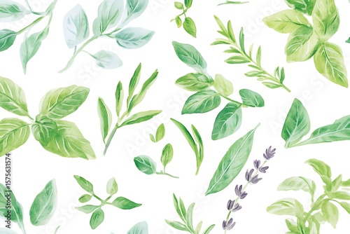 Wallpaper Mural Watercolor painting of various green herbs and lavender sprigs on a white background Torontodigital.ca