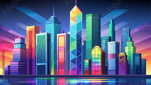 Modern skyscrapers featuring vibrant rainbow reflections on glass facades under a clear sky. Urban skyline with colorful light effects. Vector illustration