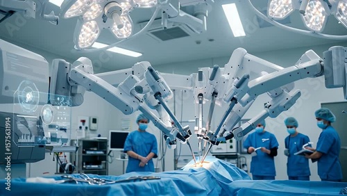 Robotic surgery in a modern operating room with medical staff