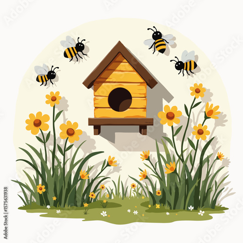 Bee hotel with blooming herbs on balcony wall, cute scene of urban gardening and insect homes. Modern bee hotel invites pollinators amidst flowers,
