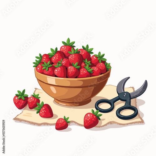 Bowl of freshly picked berries, placed on linen cloth near garden scissors, presents nature's sweet bounty.