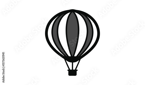 Classic hot air balloon design with black and white stripes and a basket
