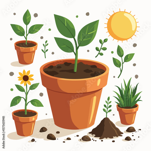 Grow your own depicts potted plants, seeds, and rich soil for a charming starter kit. Grow your own setup with tiny sprouts, terracotta pots,