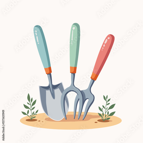Cute garden trowel and fork set with pastel handles on clean surface. This cute garden trowel and fork set features pastel handles, ideal for seedlings, herbs and vegetable plants,