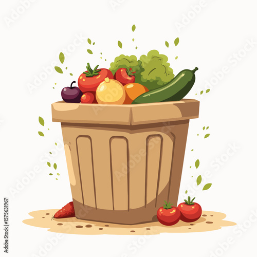 Home compost bin with colorful produce, illustrated food scraps, and soft neutral tones in this depiction of sustainable living. Home compost bin contains fresh vegetables and fruits,