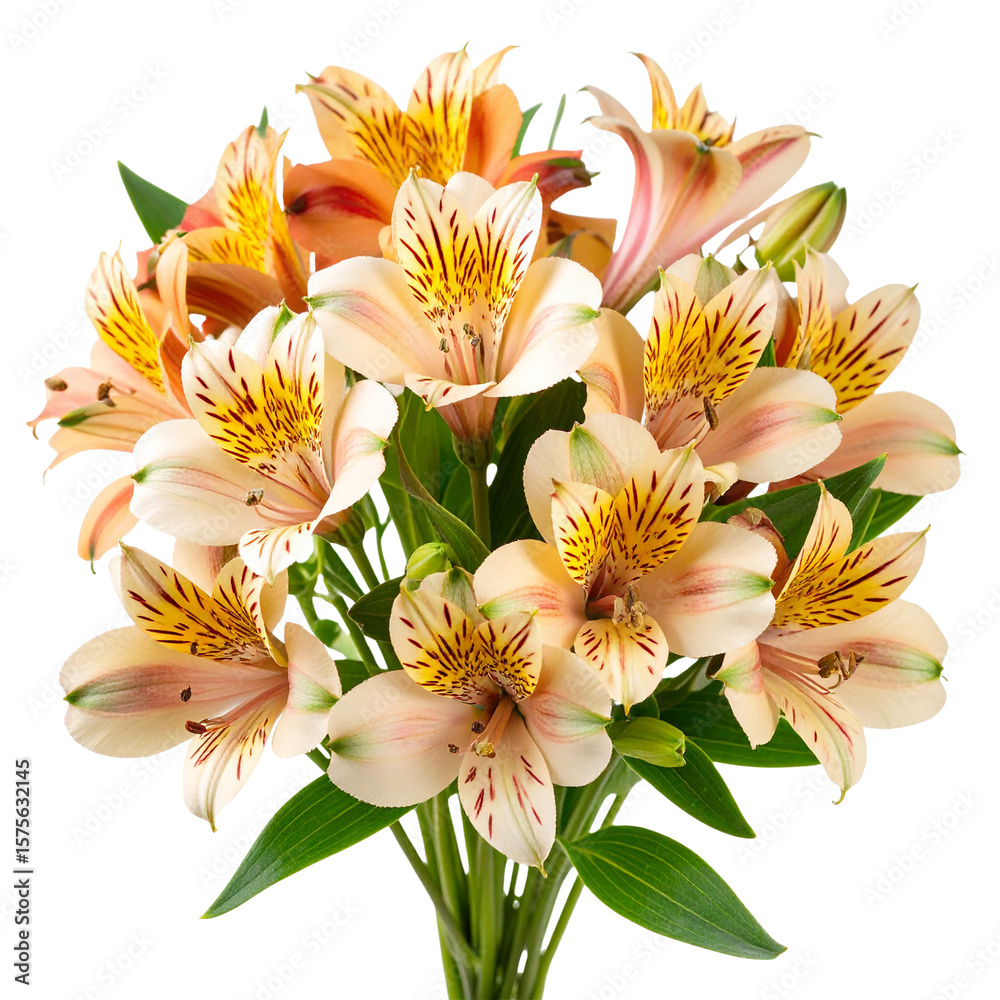 Fototapeta premium Elegant Light Caramel Alstroemeria Cluster with Green Stems, Transparent PNG