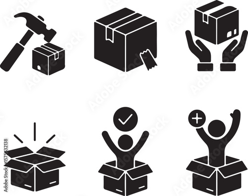 Packaging and Unboxing Process Icons for E-commerce and Delivery Services