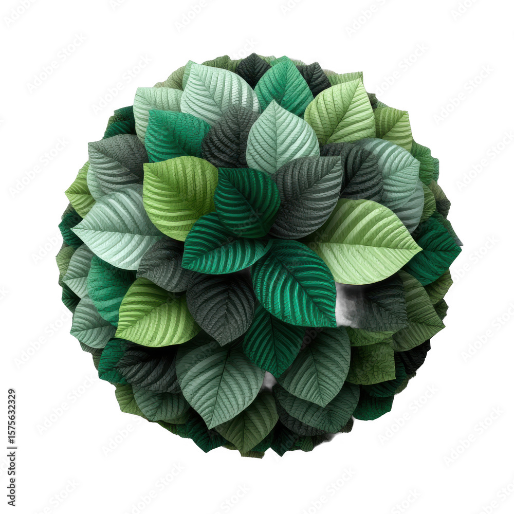Obraz premium Abstract sphere formed from numerous green leaves isolated on transparent background
