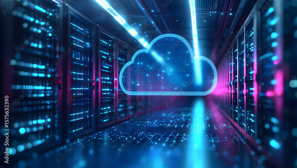 Obraz premium Smooth Cloud Data Migration Process, illustrating seamless transfer of digital information from on-premises servers to scalable cloud storage with flowing connectivity visuals