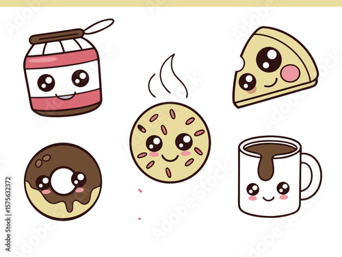 An illustration featuring five food-related items in a cute, "kawaii" style, each with large, shiny eyes and a small, simple mouth.