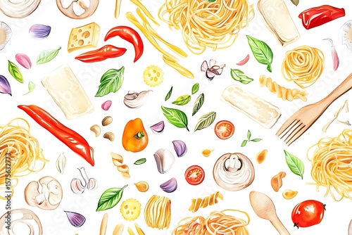 Fototapeta Naklejka Na Ścianę i Meble -  Watercolor italian food ingredients scattered on a white background