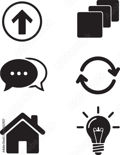 Essential UI Icons Up Arrow, Layers, Chat, Refresh, Home, Idea Bulb