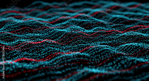 Abstract image of blue and red particles forming wavy patterns on black background, suggesting data flow or digital landscape, ideal for technology concepts