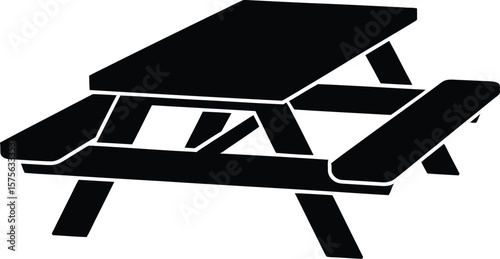 Black silhouette of a classic picnic table with attached benches on a white background