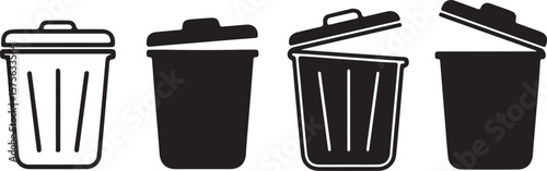 A vector set of black and white trash can icons symbolizing waste, recycling, and delete functions