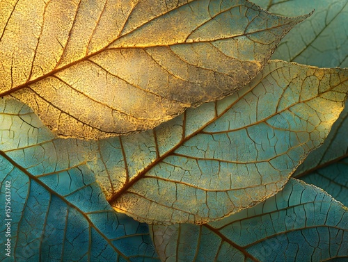 Intricate Golden and Teal Leaf Texture Closeup