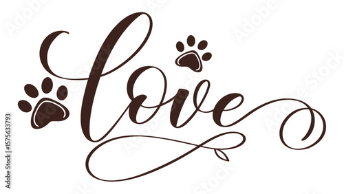 Elegant script calligraphy word love adorned with two adorable paw prints symbolizing pet affection and companionship